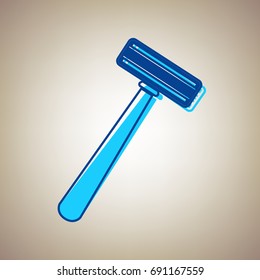 Safety razor sign. Vector. Sky blue icon with defected blue contour on beige background.