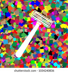 Safety razor sign. Vector. White icon on colorful background with seamless pattern from squares.