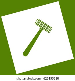 Safety razor sign. Vector. White icon obtained as a result of subtraction rotated square and path. Avocado background.