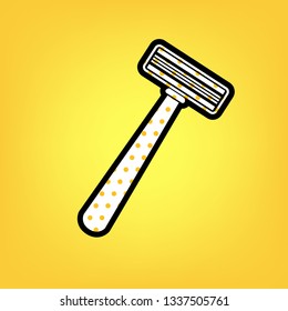 Safety razor sign. Vector. Yellow polka dot white icon with black contour at warm yellow background.