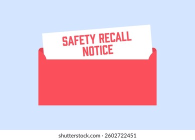 A safety recall notice in a red envelope, signaling an important product defect alert. Vector illustration.