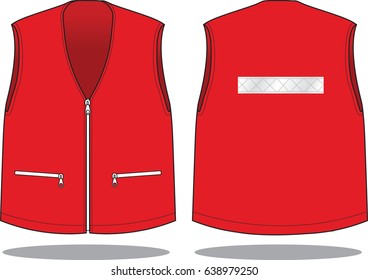Safety Red Vest With Gray Reflective Tape On Back Design Vector.
