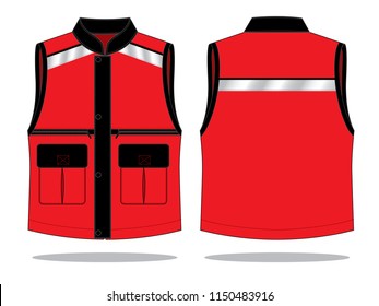 Safety Red-Black Vest with Silver Reflective Tape, Hidden Zipper Placket Design on White Background. Front and Back Views, Vector
