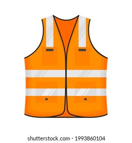 Safety reflective vest icon sign flat style design vector illustration. Orange fluorescent security safety work jacket with reflective stripes. Front view road uniform vest isolated white background.