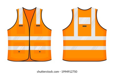 Safety reflective vest icon sign flat style design vector illustration set. Orange fluorescent security safety work jacket with reflective stripes. Front and back view road uniform vest.