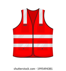 Safety reflective vest icon sign flat style design vector illustration. Red colored fluorescent security safety work jacket reflective stripes. Front view road uniform vest isolated white background.