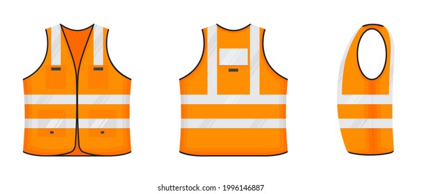 Safety reflective vest icon sign flat style design vector illustration set. Orange fluorescent security safety work jacket with reflective stripes. Front, side and back view road uniform vest.