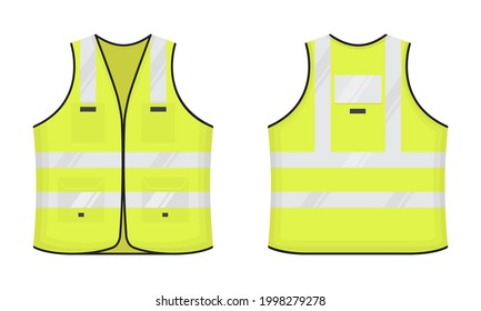 Safety reflective vest icon sign flat style design vector illustration set. Yellow fluorescent security safety work jacket with reflective stripes. Front and back view road uniform vest.