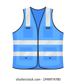 Safety reflective vest icon sign flat style design vector illustration. Blue colored fluorescent security safety work jacket reflective stripes. Front view road uniform vest isolated white background.