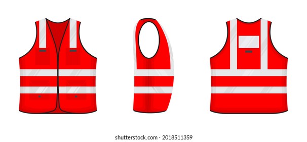 Safety reflective vest icon sign flat style design vector illustration set. Red fluorescent security safety work jacket with reflective stripes. Front, side and back view road uniform vest.