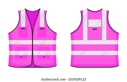 Safety reflective vest icon sign flat style design vector illustration set. Pink fluorescent security safety work jacket with reflective stripes. Front and back view road uniform vest.