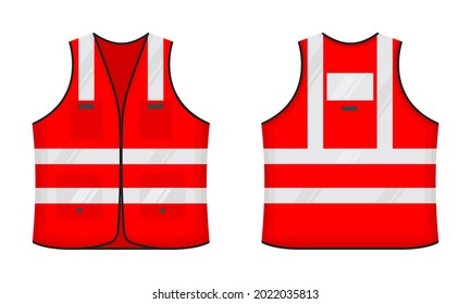 Safety reflective vest icon sign flat style design vector illustration set. Red fluorescent security safety work jacket with reflective stripes. Front and back view road uniform vest.