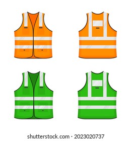 Safety reflective vest icon sign flat style design vector illustration set. Orange and green fluorescent security safety work jacket with reflective stripes. Front and back view road uniform vest.