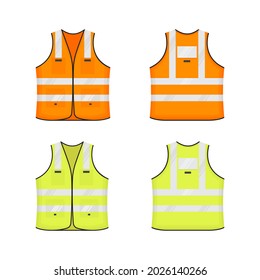 Safety reflective vest icon sign flat style design vector illustration set. Orange and yellow fluorescent security safety work jacket with reflective stripes. Front and back view road uniform vest.