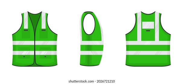 Safety reflective vest icon sign flat style design vector illustration set. Green fluorescent security safety work jacket with reflective stripes. Front, side and back view road uniform vest.