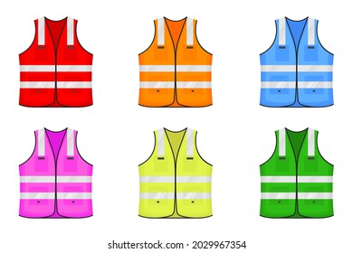 Safety reflective vest icon sign flat style design vector illustration. Various color fluorescent security safety work jacket reflective stripes. Front view road uniform vest isolated white background