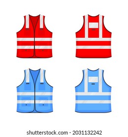 Safety reflective vest icon sign flat style design vector illustration set. Red and blue fluorescent security safety work jacket with reflective stripes. Front and back view road uniform vest.