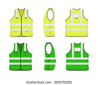 Safety reflective vest icon sign flat style design vector illustration set. Yellow and green fluorescent security safety work jacket with reflective stripes. Front, side back view road uniform vest.