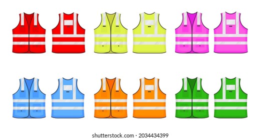 Safety reflective vest icon sign flat style design vector illustration. Various color fluorescent security safety work jacket reflective stripes. Front view road uniform vest isolated white background