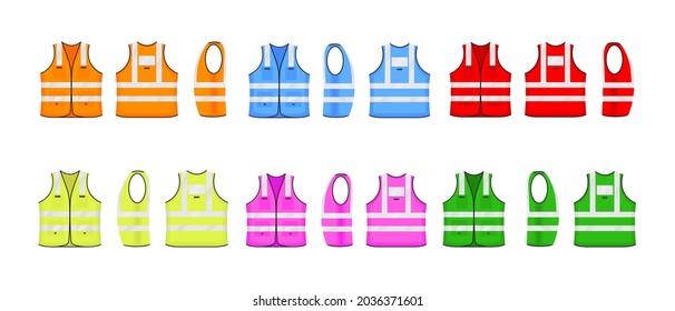 Safety reflective vest icon sign flat style design vector illustration. Various color fluorescent security safety work jacket reflective stripes. Front view road uniform vest isolated white background