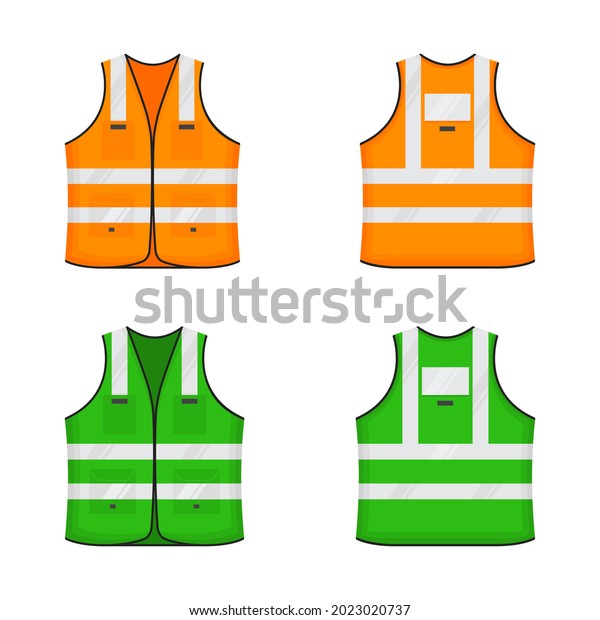 Safety reflective vest icon sign flat style design\
vector illustration set. Orange and green fluorescent security\
safety work jacket with reflective stripes. Front and back view\
road uniform vest.