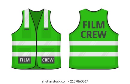Safety reflective vest with label FILM CREW flat style design vector illustration set. Green fluorescent security safety work jacket with reflective stripes. Front and back view road uniform vest.