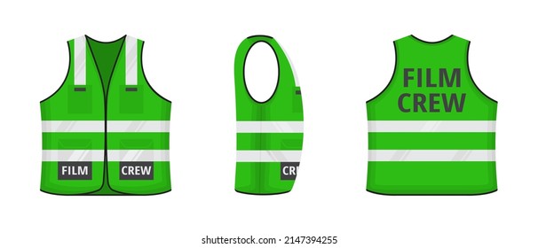 Safety reflective vest with label FILM CREW flat style design vector illustration set. Green fluorescent security safety work jacket with reflective stripes. Front, side, back view road uniform vest.