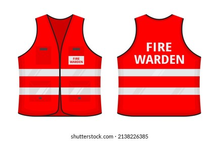 Safety reflective vest with label FIRE WARDEN tag flat style design vector illustration set. Red fluorescent security safety work jacket with reflective stripes. Front and back view uniform vest.