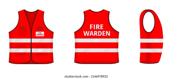 Safety reflective vest with label FIRE WARDEN tag flat style design vector illustration set. Red fluorescent security safety work jacket with reflective stripes. Front and back view uniform vest.