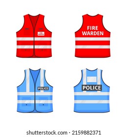 Safety reflective vest with label FIRE WARDEN, POLOCE flat style design vector illustration set. Red, blue fluorescent security safety jacket with reflective stripes. Front and back view uniform vest.