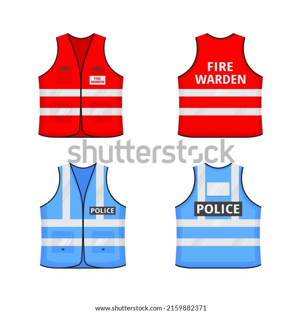 Safety reflective vest with label FIRE WARDEN,\
POLOCE flat style design vector illustration set. Red, blue\
fluorescent security safety jacket with reflective stripes. Front\
and back view uniform\
vest.