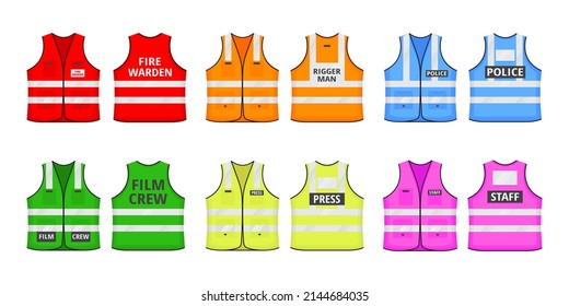 Safety reflective vest with label flat style design vector illustration set. Various color fluorescent security safety work jacket with reflective stripes. Front and back view uniform vest.