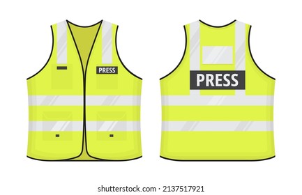 Safety reflective vest with label PRESS tag flat style design vector illustration set. Yellow fluorescent security safety work jacket with reflective stripes. Front and back view road uniform vest. svg