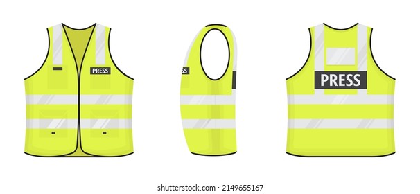 Safety reflective vest with label PRESS tag flat style design vector illustration set. Yellow fluorescent security safety work jacket with reflective stripes. Front, side, back view road uniform vest. svg