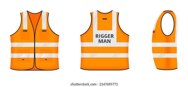 Safety reflective vest with label Rigger man tag flat style design vector illustration set. Orange fluorescent security safety work jacket with reflective stripes. Front, side, back view uniform vest.