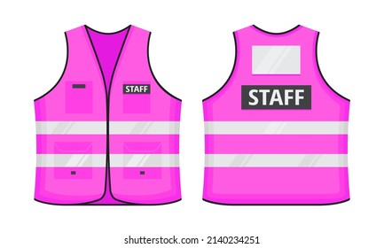 Safety reflective vest with label STAFF tag flat style design vector illustration set. Pink fluorescent security safety work jacket with reflective stripes. Front and back view road uniform vest.