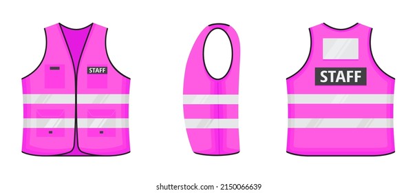 Safety reflective vest with label STAFF tag flat style design vector illustration set. Pink fluorescent security safety work jacket with reflective stripes. Front, side, back view uniform vest.