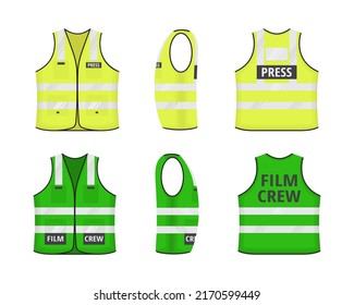 Safety reflective vest with labels tag flat style design vector illustration set. Yellow and green fluorescent security safety work jacket with reflective stripes. Front, back, side view uniform vest.