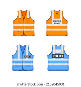 Safety reflective vest with labes tag flat style design vector illustration set. Orange and blue fluorescent security safety work jacket with reflective stripes. Front, back view uniform vest.