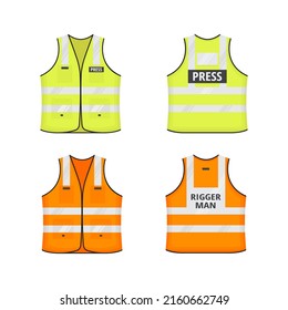 Safety reflective vest with labes tag flat style design vector illustration set. Orange and yellow fluorescent security safety work jacket with reflective stripes. Front, back view uniform vest.