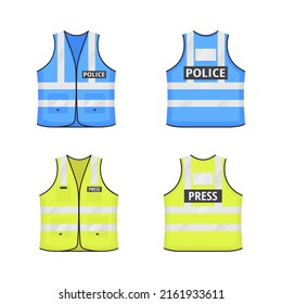 Safety reflective vest with labes tag flat style design vector illustration set. Yellow and blue fluorescent security safety work jacket with reflective stripes. Front, back view uniform vest.