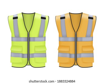 chaleco reflectante de seguridad con bolsillos, uniforme amarillo y naranja. Diseño industrial de seguridad. Ilustración de dibujos animados de estilo plano vectorial aislados en fondo blanco