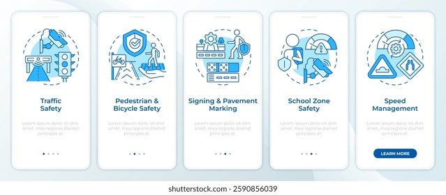 Safety and regulation blue onboarding mobile app screen. Traffic. Walkthrough 5 steps editable graphic instructions with linear concepts. UI, UX, GUI template