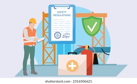 Safety Regulation Health and safety management and audit  safeties at work with safety equipment for Safety Regulations and manager checking safeties at work Checklist, quality control, construction.