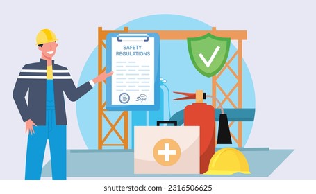 Safety Regulation Health and safety management and Showing Rules at work with safety equipment for Safety Regulations and showing safeties at work. Checklist, quality control, construction industry