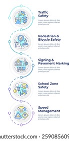 Safety and regulation infographic vertical sequence. Traffic management goals. Road control. Visualization infochart with 5 steps. Circles workflow