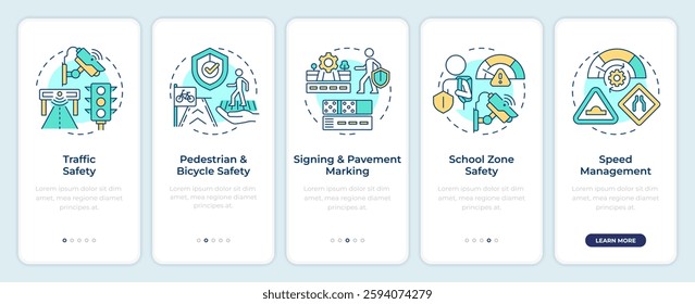 Safety and regulation onboarding mobile app screen. Traffic. Walkthrough 5 steps editable graphic instructions with linear concepts. UI, UX, GUI template