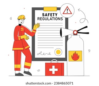 Safety regulations line concept. Man in uniform with first aid kit and fire extinguisher. Protection and prevention of accidents. Linear flat vector illustration isolated on white background