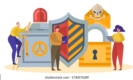 Safety and reliable data protection, internet technology for information security, design, cartoon style vector illustration. Protect business through secure network access, lock and shield privacy.
