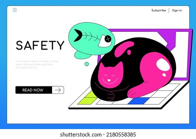 Seguridad y trabajo a distancia - banner de diseño plano colorido con elementos lineales, lugar para texto. Composición de color neón con gato durmiendo en una laptop. Un lugar de trabajo acogedor, un descanso y una idea independiente